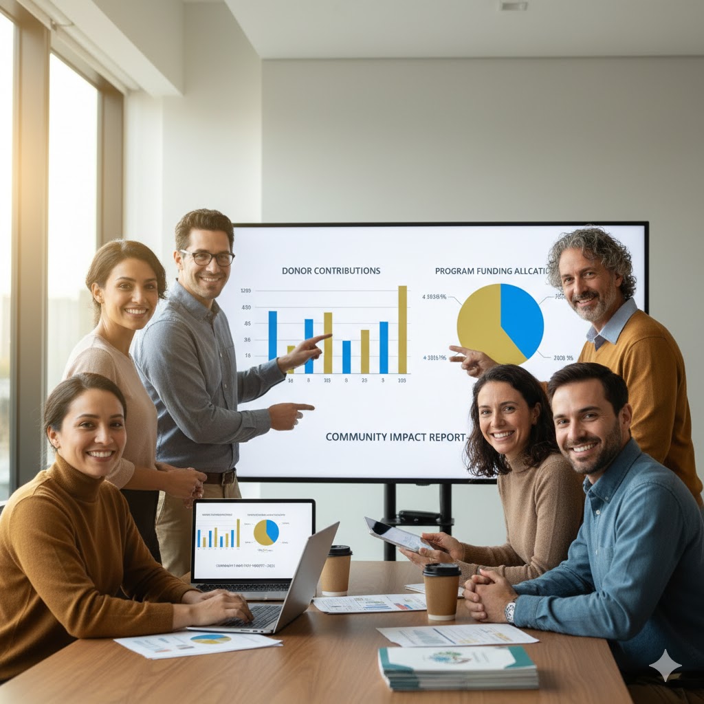 A group of people in a meeting room discussing data displayed on a large screen